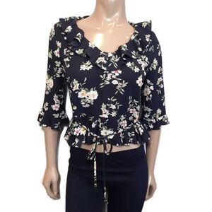 💠RIPE Ruffled Floral Crop Top Tie Waist 3/4 Sleeve Crepe Blouse